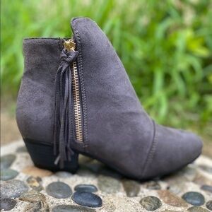 Vegan Gray Suede Fringe Tassel Ankle Bootie
